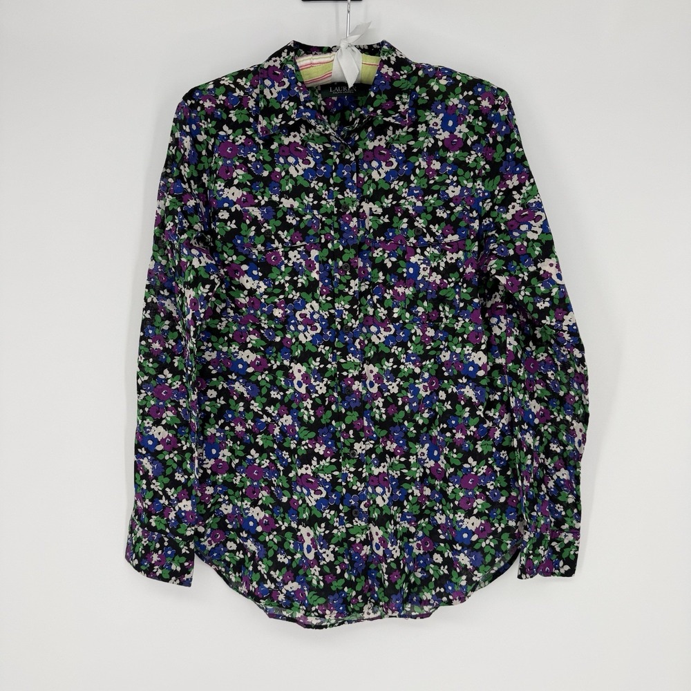 Lauren Ralph Lauren Floral Button Shirt Size M 100% Cotton Black Blue Purple